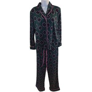 Room Service Womens Pajama Set Medium Teal Pink Geometric Floral 2 Piece Sleep
